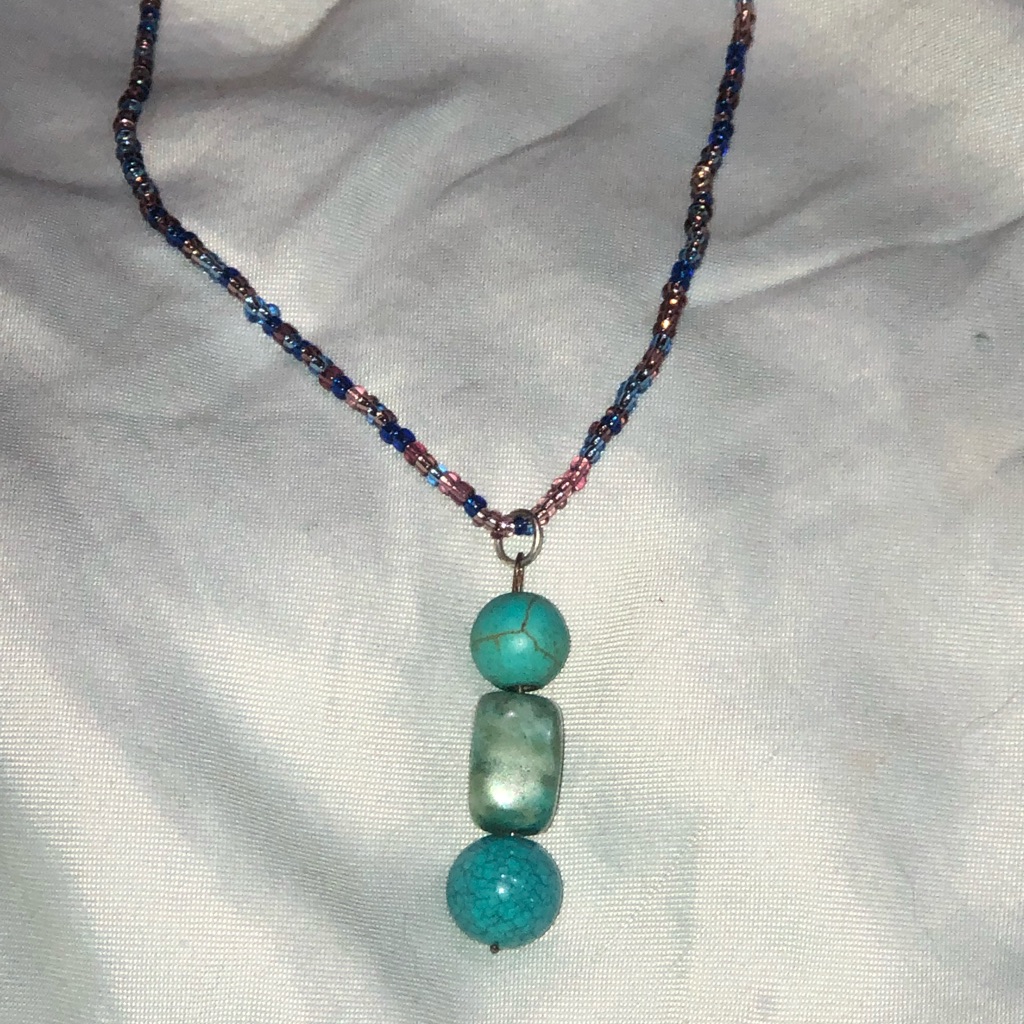 Turquoise Pendant Blue & Brown Beaded Necklace New Long